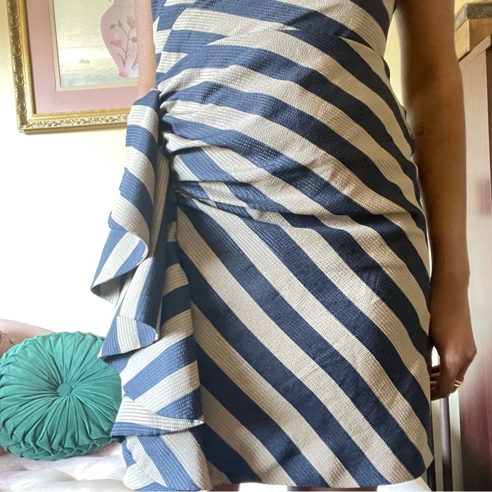 Blue + Beige Striped + Ruffled Bodycon Mini - Picture 4 of 8